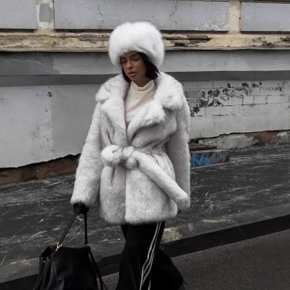 Damen Voluminöser Kurzmantel aus Kunstfell mit Taillengürtel und Oversize-Schalkragen Shop Nory