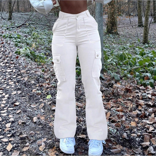 Damen taillenhoch geschnittene Cargo-Jeans mit ausgestelltem Schlag und funktionalen Pattentaschen Shop Nory