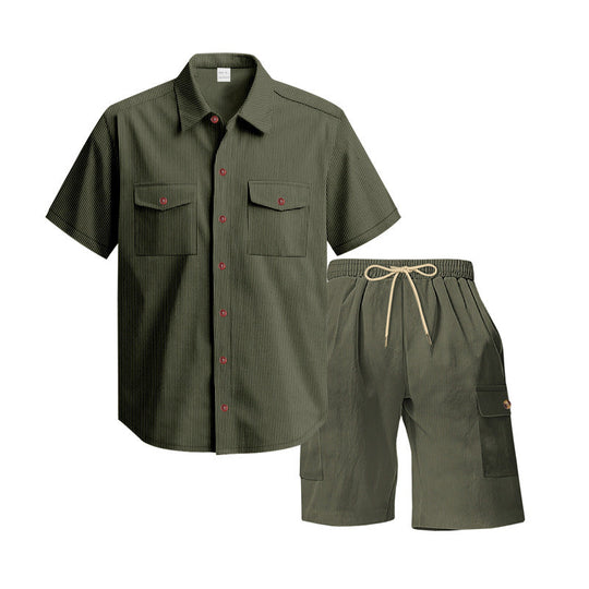 Herren nan strukturiertes Kurzarmhemd und Bermuda-Set mit Pattentaschen und elastischem Bund
