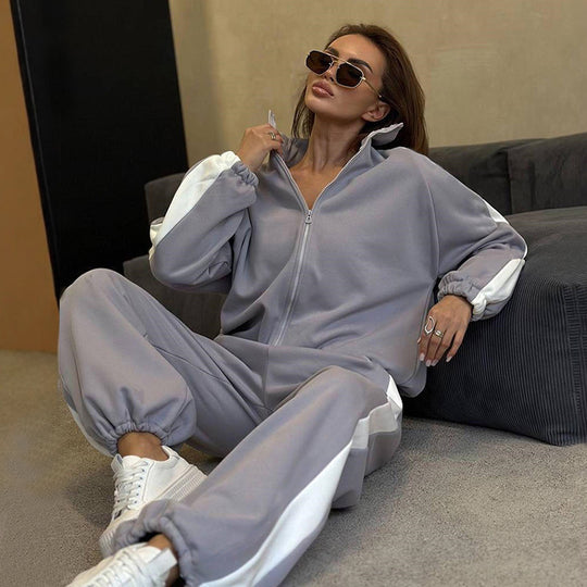 Damen Velours-Loungewear-Set mit Stehkragen, Zip-Jacke und weitem Palazzo-Hosenbein Shop Nory