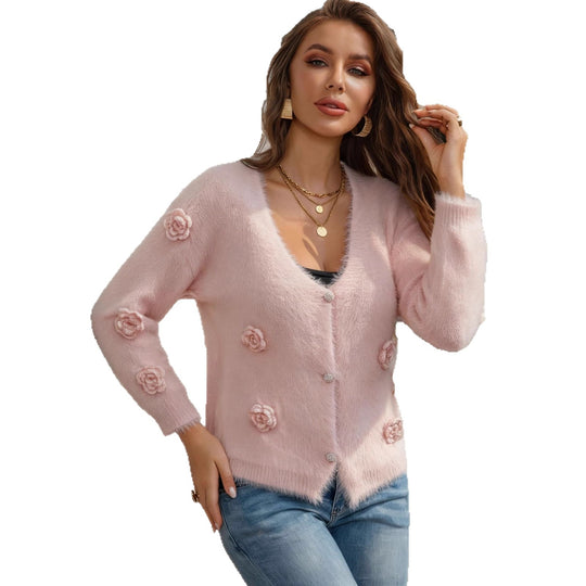 Damen Flauschige Strickjacke mit Blumen-Applikation und Perlenknöpfen Shop Nory