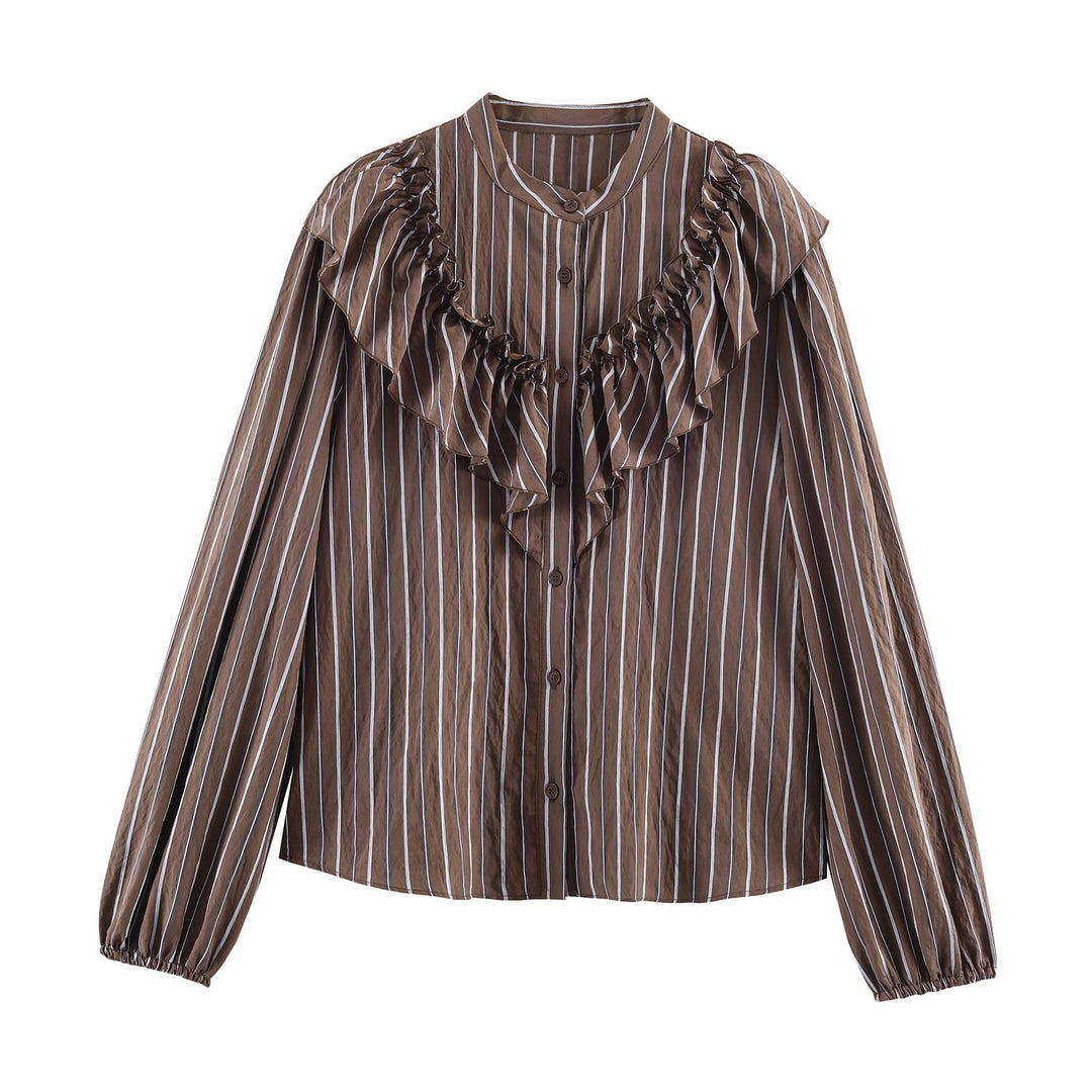 Damen Rüschenbluse mit Stehkragen, feinen Streifen und gerafften Ärmeln Shop Nory