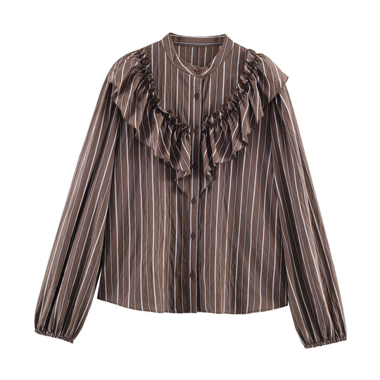 Damen Rüschenbluse mit Stehkragen, feinen Streifen und gerafften Ärmeln Shop Nory