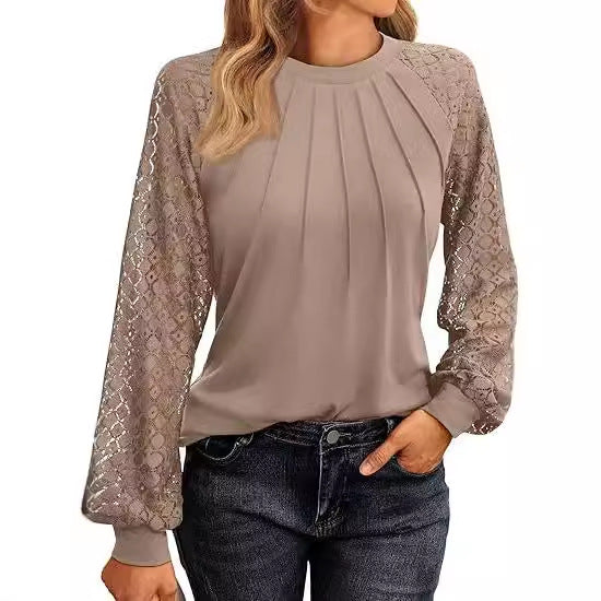 Damen Elegantes Oberteil mit dekorativen Spitzenärmeln und gerafftem Detail