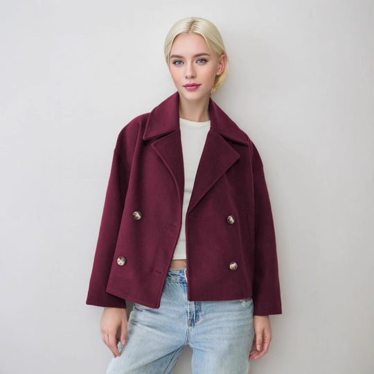 Damen nan kurzes doppeltreihiges Wollmix-Manteljacke im Boxy-Cut mit weitem Reverskragen Shop Nory
