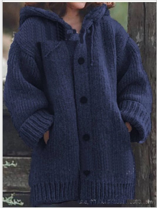 Damen weit geschnittener Kapuzen-Strickmantel mit Knopfleiste und Eingrifftaschen Shop Nory