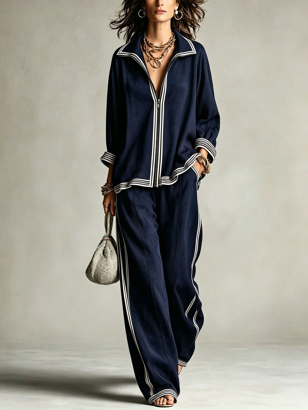 Damen Lässiges Velours-Jogginganzug-Set mit Reißverschluss und Kontraststreifen Shop Nory