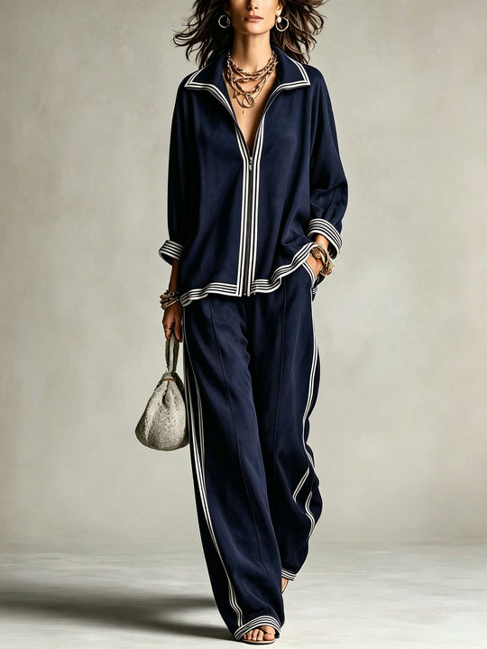 Damen Lässiges Velours-Jogginganzug-Set mit Reißverschluss und Kontraststreifen Shop Nory