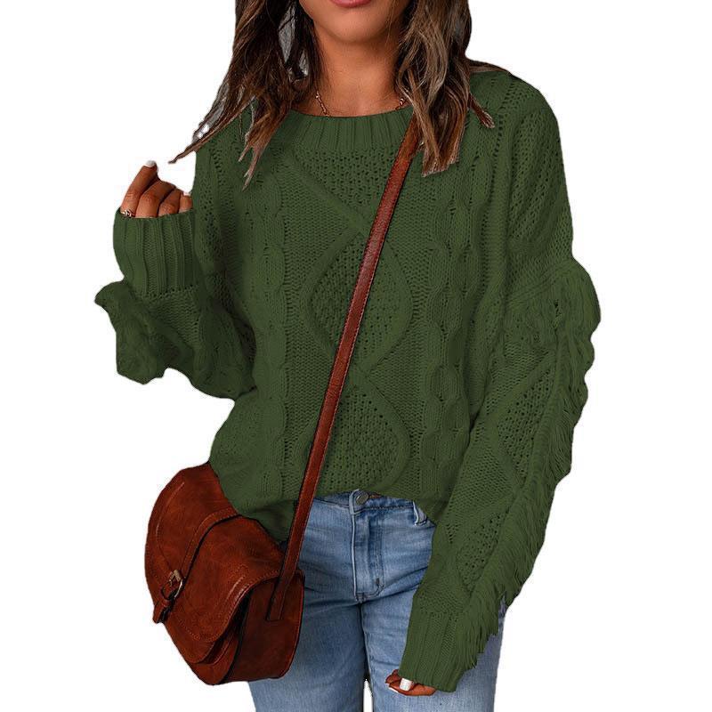 Damen Grobstrick-Pullover mit Zopfstruktur, fransigen Ärmeln und legerer Oversize-Passform Shop Nory