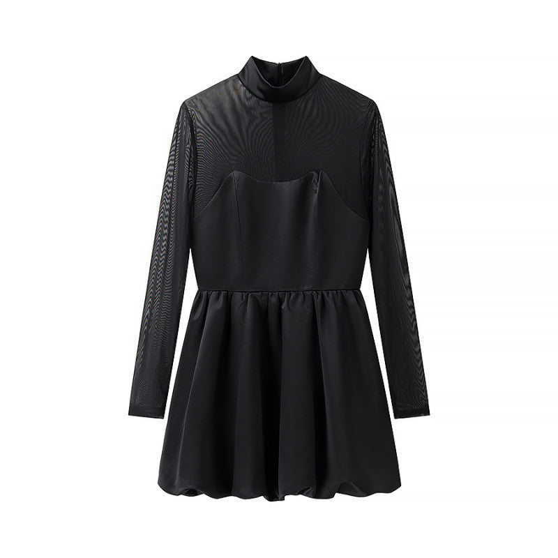 Damen kurzes Mesh-Overlay-Skaterkleid mit Stehkragen und taillierter Korsage Shop Nory
