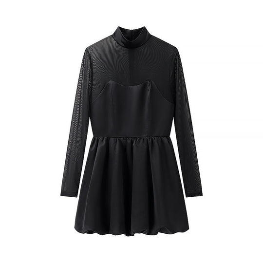 Damen kurzes Mesh-Overlay-Skaterkleid mit Stehkragen und taillierter Korsage Shop Nory