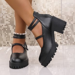 Damen Mary-Jane-Schuhe mit profiliertem Plateau, klobigem Blockabsatz und verstellbaren Riemen Shop Nory