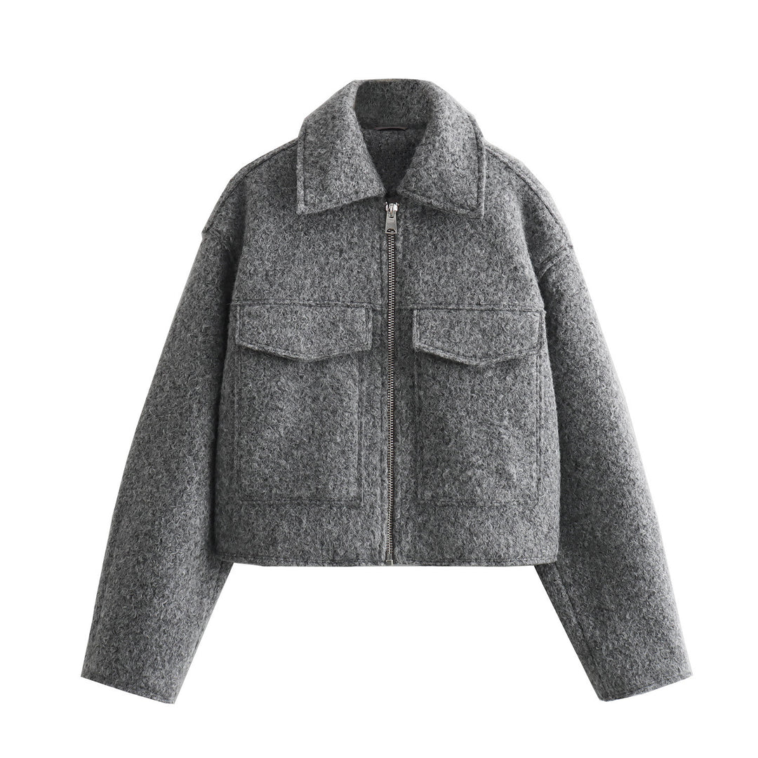 Damen Kurze Bouclé‑Jacke im Boxy‑Cut mit Reißverschluss und Pattentaschen Shop Nory