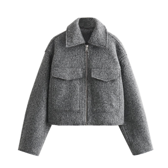 Damen Kurze Bouclé‑Jacke im Boxy‑Cut mit Reißverschluss und Pattentaschen Shop Nory