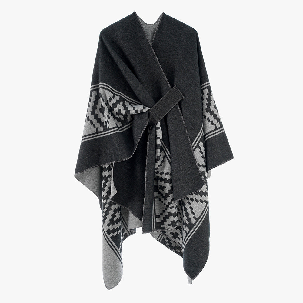 Damen Jacquard‑Ruana mit Bindegürtel und geometrischem Muster Shop Nory