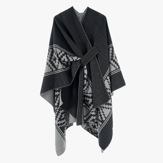 Damen Jacquard‑Ruana mit Bindegürtel und geometrischem Muster Shop Nory