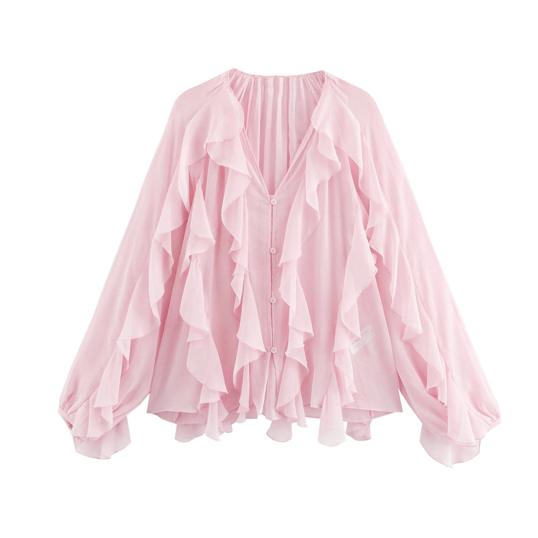 Damen nan feminine Chiffon-Volantbluse mit Ballonärmeln und V-Ausschnitt