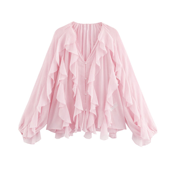 Damen nan feminine Chiffon-Volantbluse mit Ballonärmeln und V-Ausschnitt