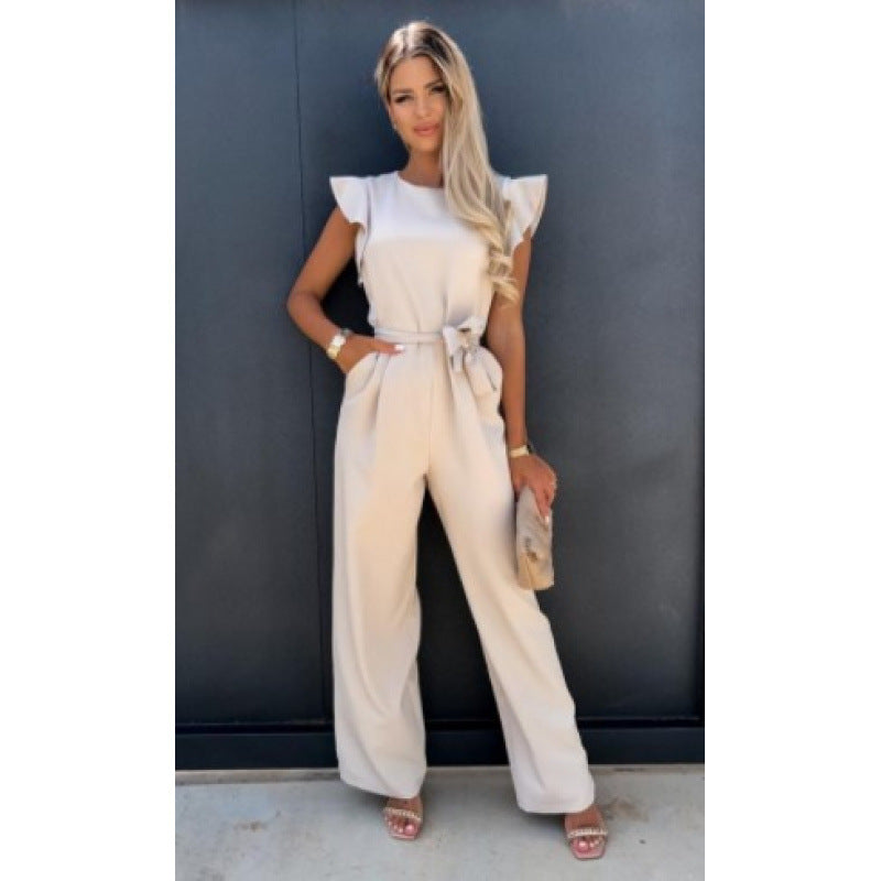 Frauen Fließender Weitbeiniger Jumpsuit mit Rüsche Ärmel