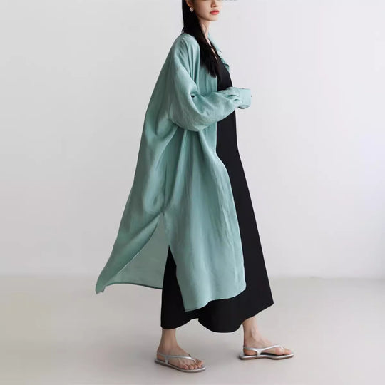 Damen Langer Satin‑Effekt Duster mit Stehkragen, Oversize‑Schnitt und tiefen Seitenschlitzen Shop Nory