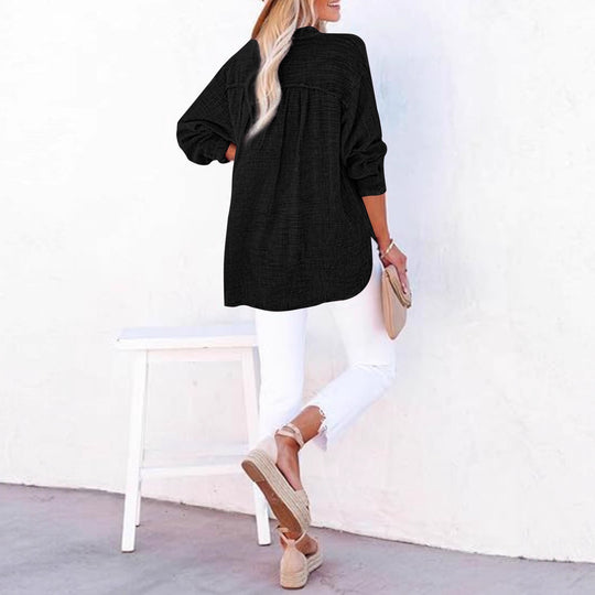 Damen Oversize Texturierte Baumwollbluse mit Henley-Knopfleiste Shop Nory