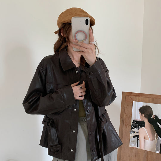 Damen Kurze Oversize-Lederjacke mit Taillenzug und Druckknopfleiste Shop Nory