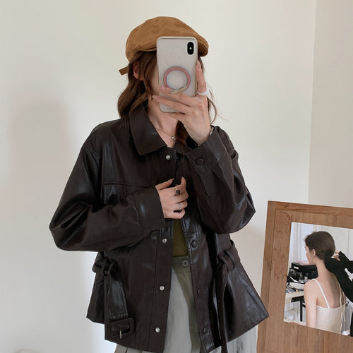Damen Kurze Oversize-Lederjacke mit Taillenzug und Druckknopfleiste Shop Nory
