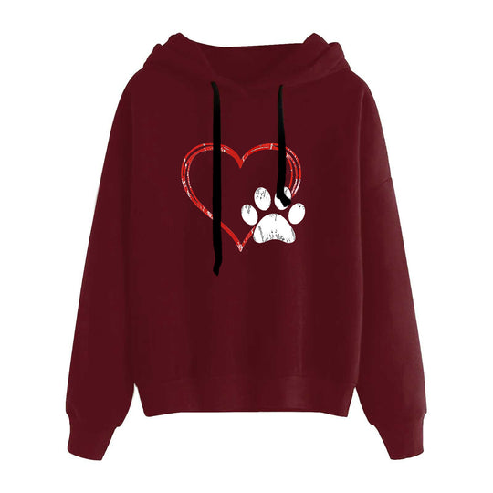 Damen nan lässiger Oversize Kapuzenpullover mit Herz‑und‑Pfotenprint, Kordelzug und gerippten Bündchen Shop Nory