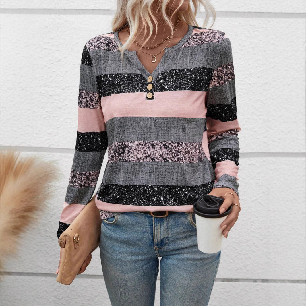Damen Langarmshirt mit schimmernden Streifen und Knopfdetails