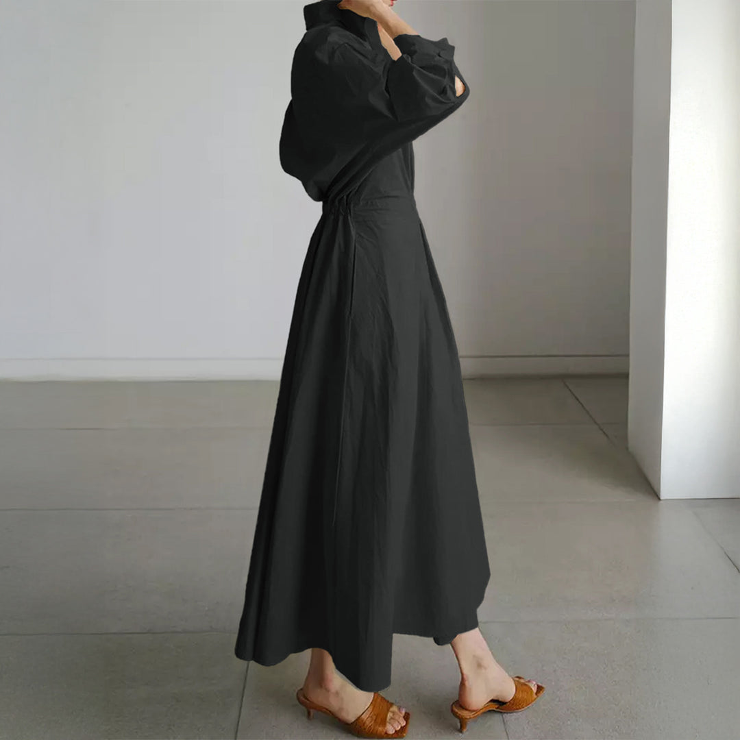 Damen nan tailliertes Hemdblusenkleid mit kastigem Kragen, mittellangen Ärmeln, Seitentaschen und ausgestelltem Tellerrock Shop Nory