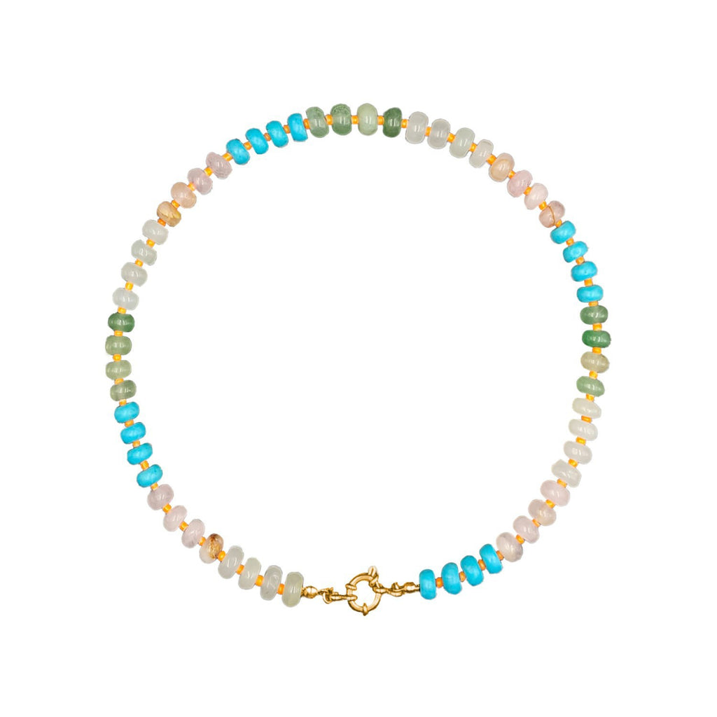 Damen Halskette mit handgefertigten, bunten Glasperlen und einem goldfarbenen Verschluss Shop Nory