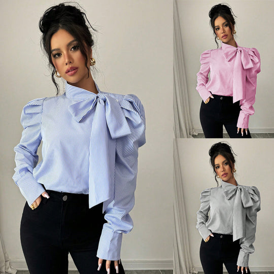 Damen Popeline-Bluse mit Stehkragen, großem Schleifenband und Ballonärmeln Shop Nory