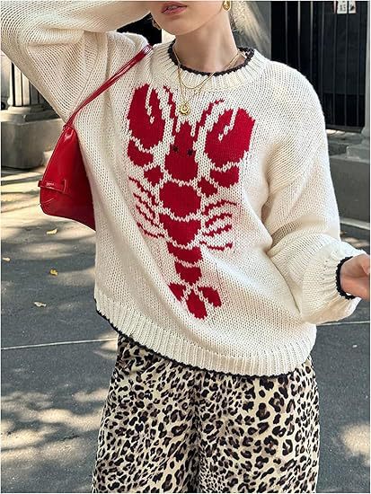 Damen Strickpullover mit maritimem Hummer-Print und lässigem Schnitt