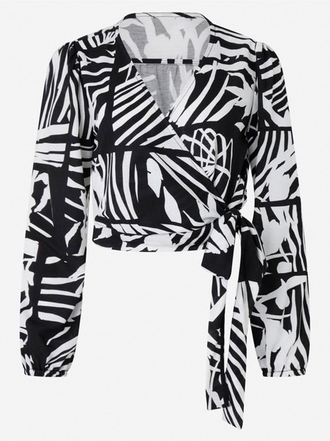 Damen kurze Wickelbluse mit V-Ausschnitt und tailliertem Bindegürtel Shop Nory