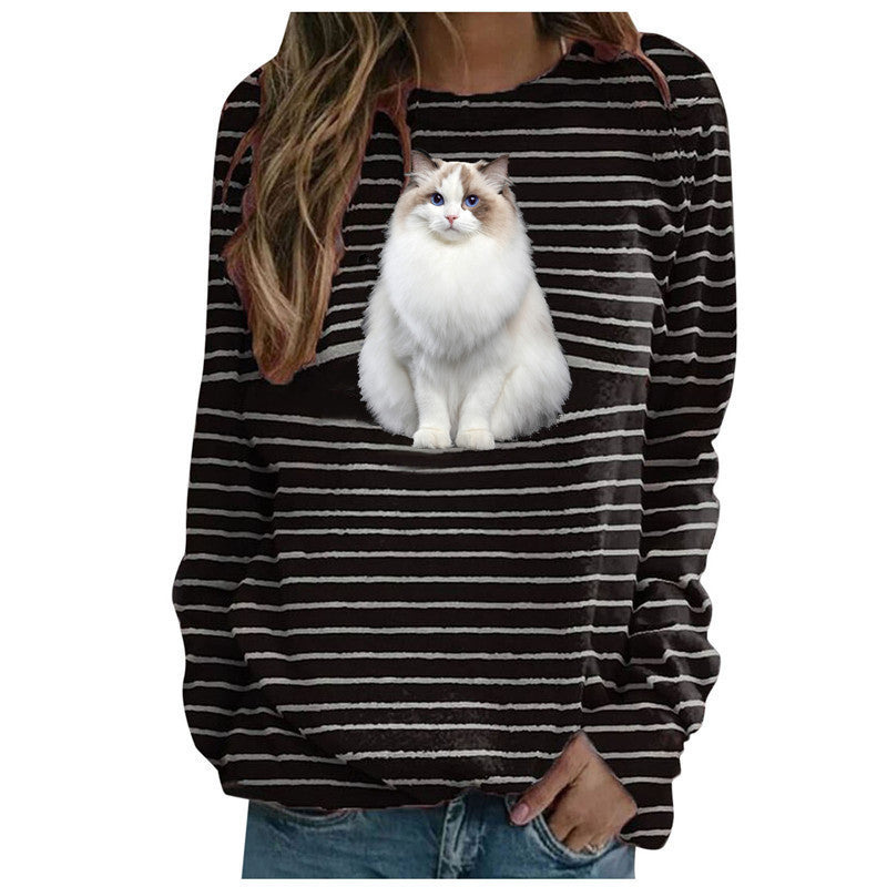 Damen nan lässiger Streifenpullover mit fotorealistischer Katzentasche und Rundhalsausschnitt Shop Nory