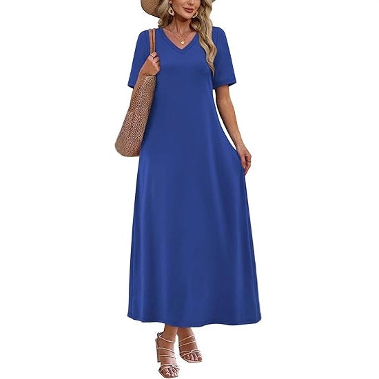 Damen Langes A-Linien-Maxikleid mit V-Ausschnitt, Kurzarm und Eingrifftaschen Shop Nory