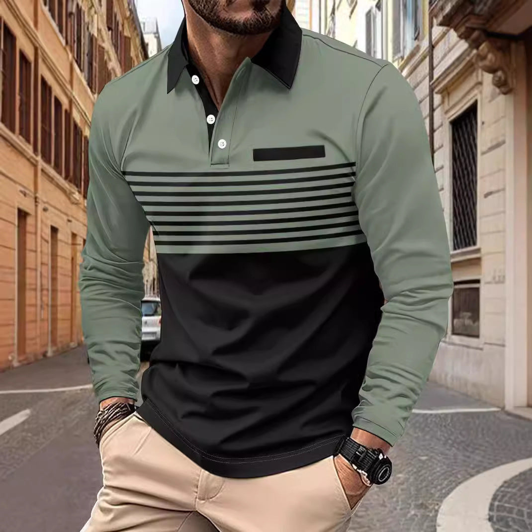 Herren nan langärmliges Poloshirt mit kontrastierendem Hemdkragen, dezenter Brustpaspel und feinem Streifenrelief Shop Nory