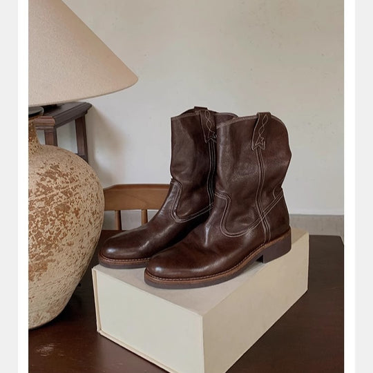 Damen Mid‑Calf Slouch Western‑Stiefel aus Glattleder mit Zuglaschen und profilierter Laufsohle Shop Nory