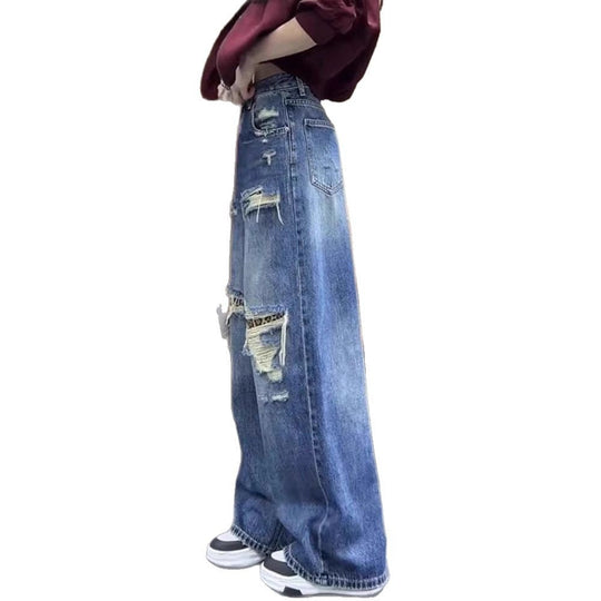 Damen Baggy-Jeans mit modischen Rissdetails und hohem Taillenbund Shopnory