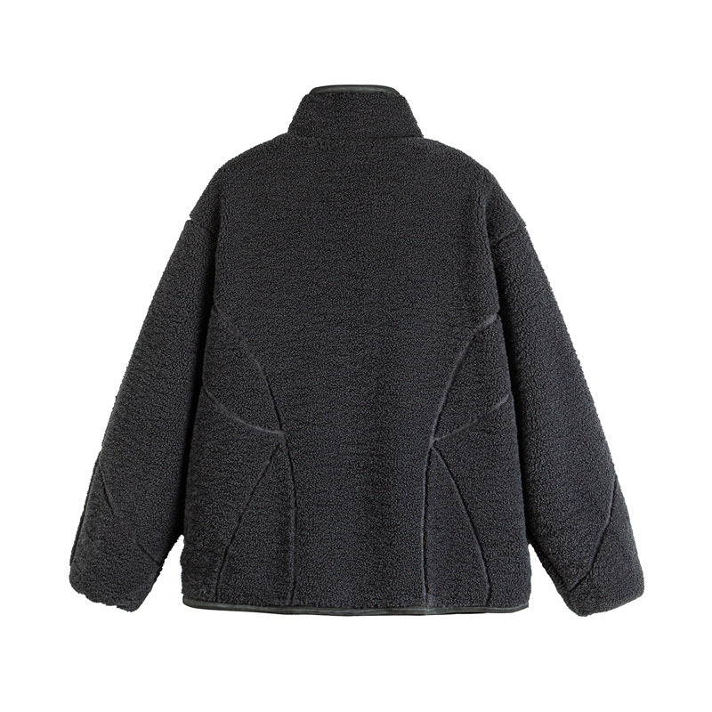 Unisex Teddy-Fleece-Blousonjacke mit Stehkragen und geometrischer Nahtführung Shop Nory