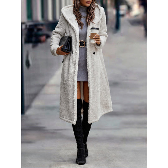 Damen Maxilanger Teddy-Mantel mit Kapuze und doppelter Knopfleiste Shop Nory