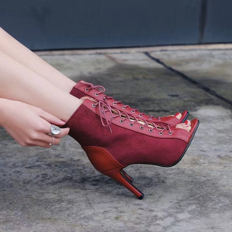 Damen Offene-Zehen Schnürstiefelette mit Wildleder-Optik und Stiletto-Absatz Shop Nory