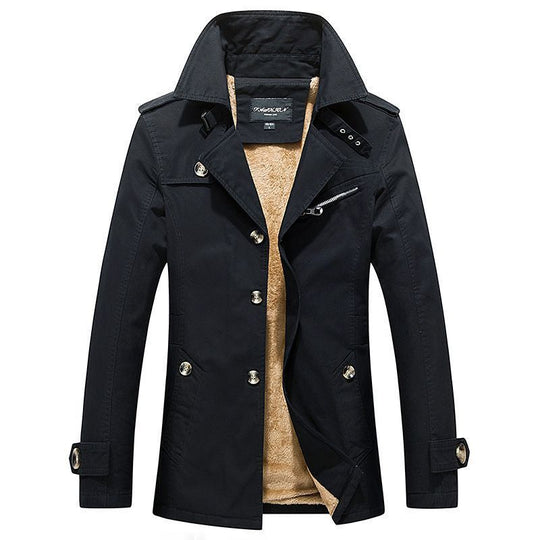 Herren mittellanger doppelreihiger Trenchcoat mit Teddyfutter und Stehkragen Shop Nory