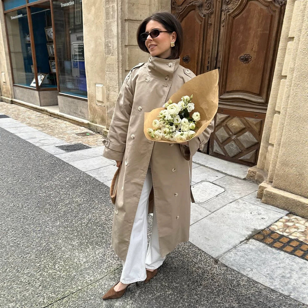 Damen Maxi-Trenchcoat mit hohem Stehkragen, doppelreihiger Knopfleiste & Taillengürtel Shop Nory