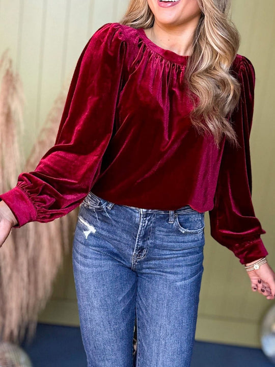 Damen Samtbluse mit Ballonärmeln und gerafftem Stehkragen Shop Nory