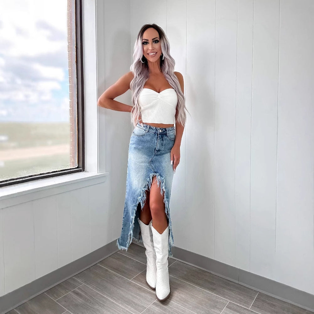 Damen Jeansrock mit fransigem Saum und hohem Schlitz
