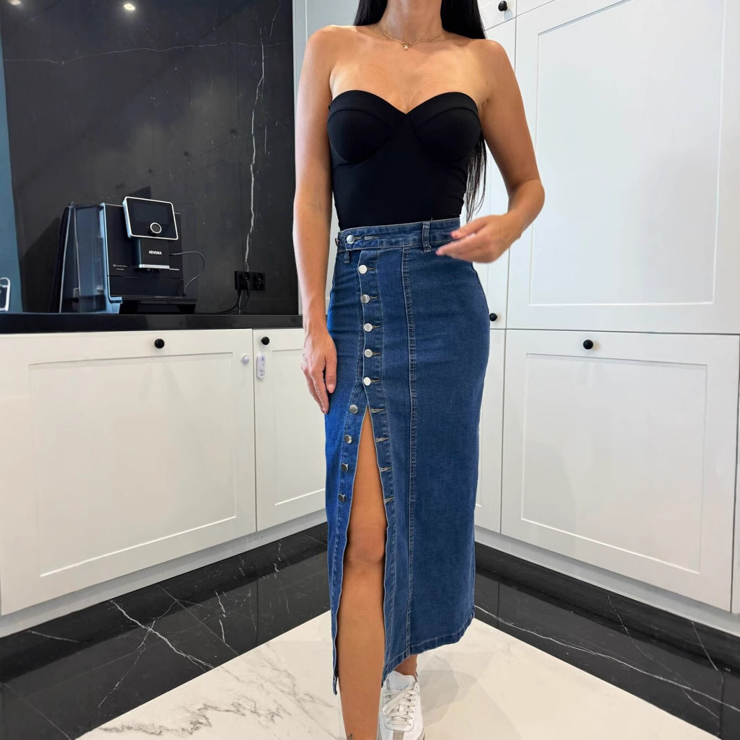 Damen Baumwoll-Denimrock mit Knopfleiste und Schlitz