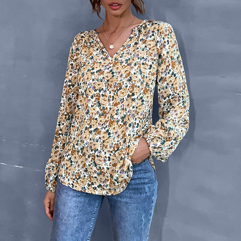 Damen Leichte V-Ausschnitt Blumenbluse mit Ballonärmeln Shop Nory