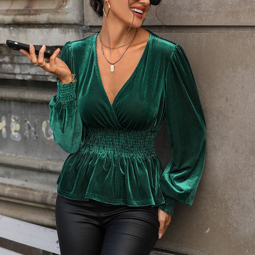 Damen Samtbluse mit V-Ausschnitt, geraffter Smock-Taille und Peplum Shop Nory