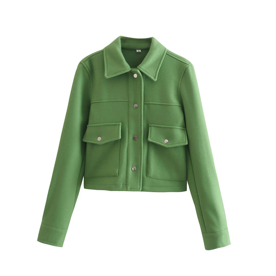 Damen Kurz geschnittene Wolloptik-Jacke mit Pattentaschen und Druckknöpfen Shop Nory